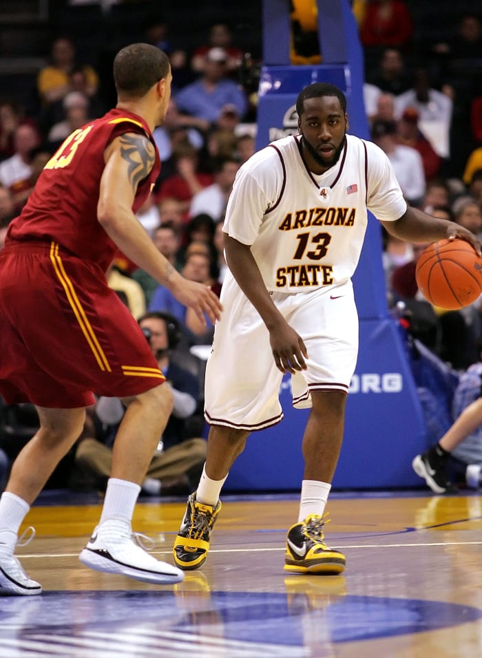 Arizona State Sun Devils guard James Harden dribbles the ball.